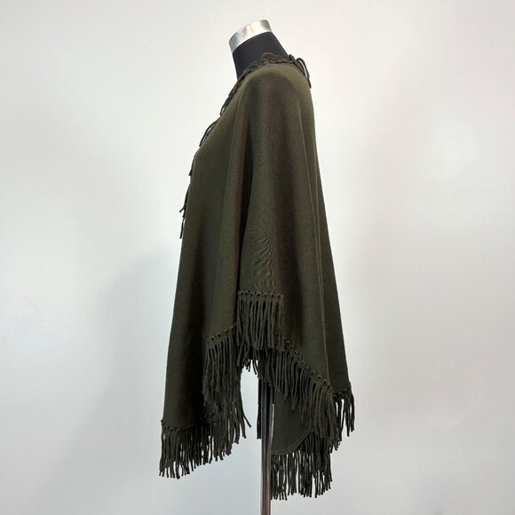 Dark Olive Green Shawl with Tassel Fringe Trim, Long Oversized Wrap, One Size - Picture 4 of 9